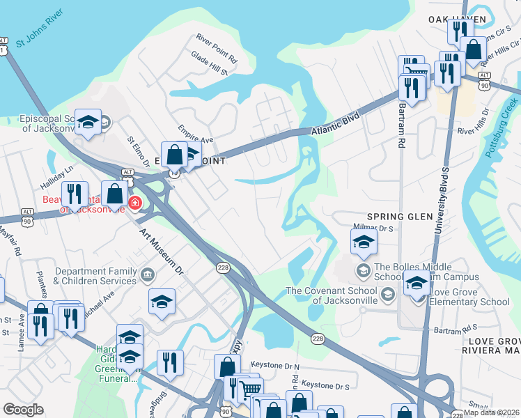 map of restaurants, bars, coffee shops, grocery stores, and more near 1722 Jork Road in Jacksonville