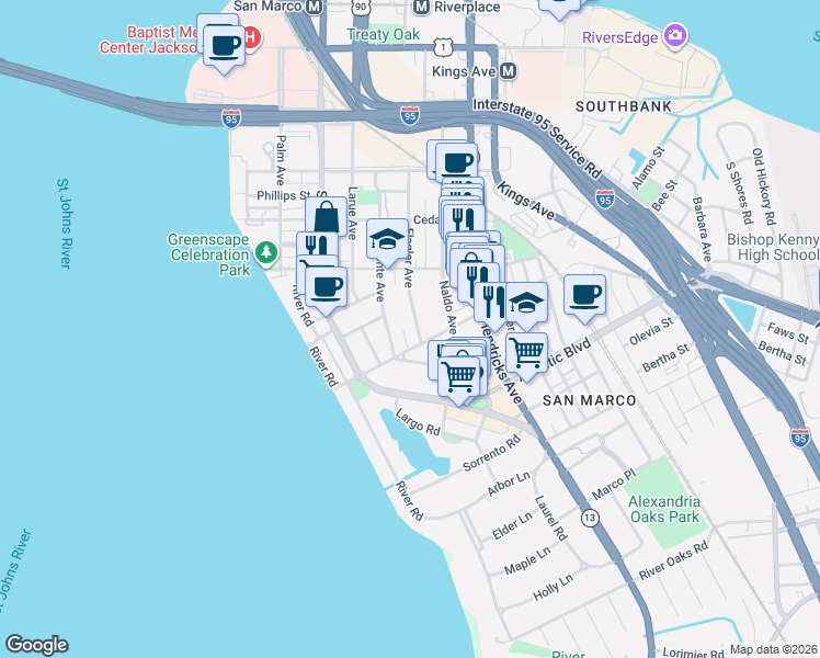 map of restaurants, bars, coffee shops, grocery stores, and more near 1705 Flagler Avenue in Jacksonville