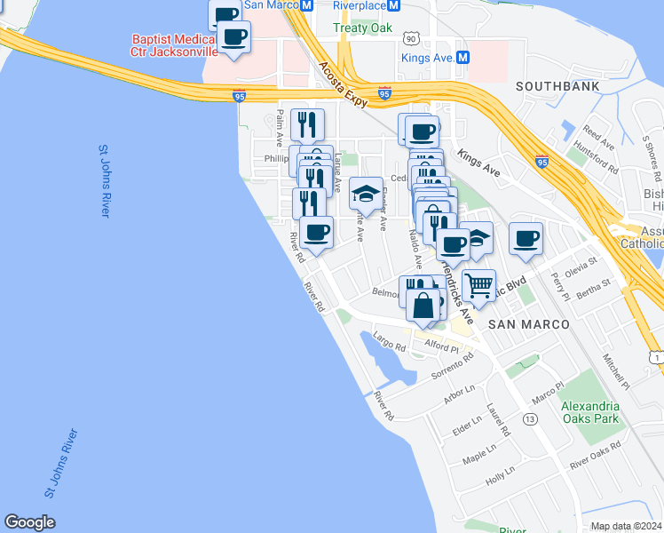 map of restaurants, bars, coffee shops, grocery stores, and more near 1667 San Marco Boulevard in Jacksonville