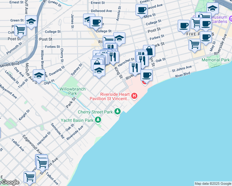 map of restaurants, bars, coffee shops, grocery stores, and more near 2730 Riverside Avenue in Jacksonville