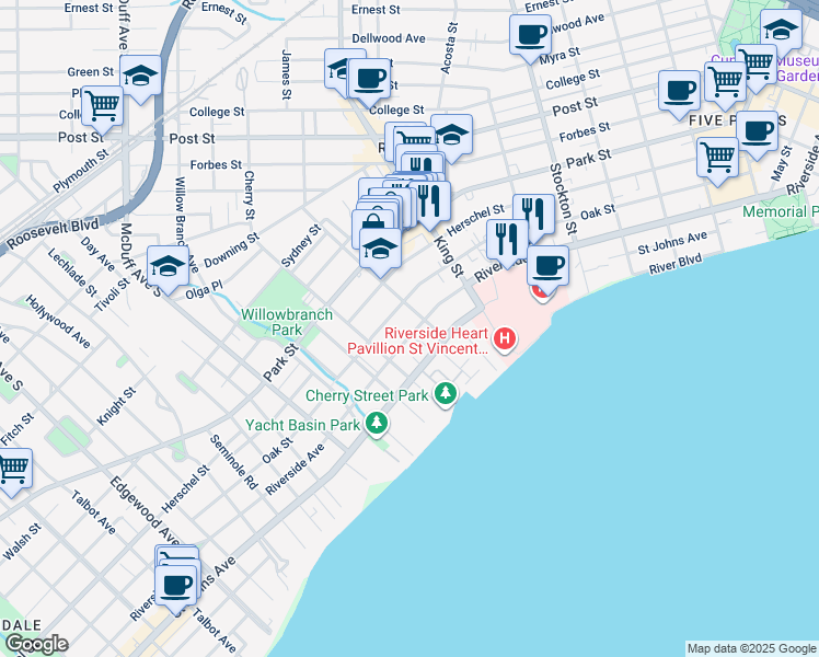 map of restaurants, bars, coffee shops, grocery stores, and more near 2782 Oak Street in Jacksonville