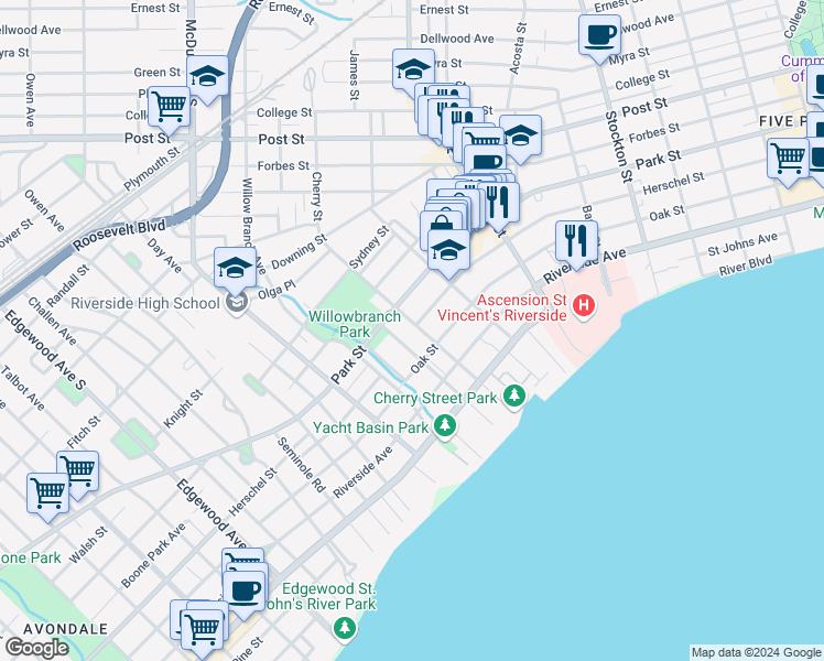 map of restaurants, bars, coffee shops, grocery stores, and more near in Jacksonville