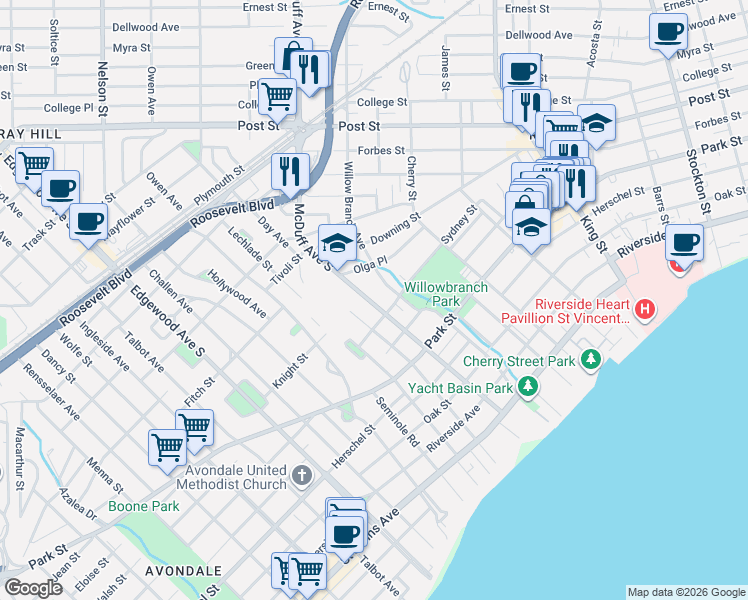 map of restaurants, bars, coffee shops, grocery stores, and more near 1218 Willow Branch Avenue in Jacksonville