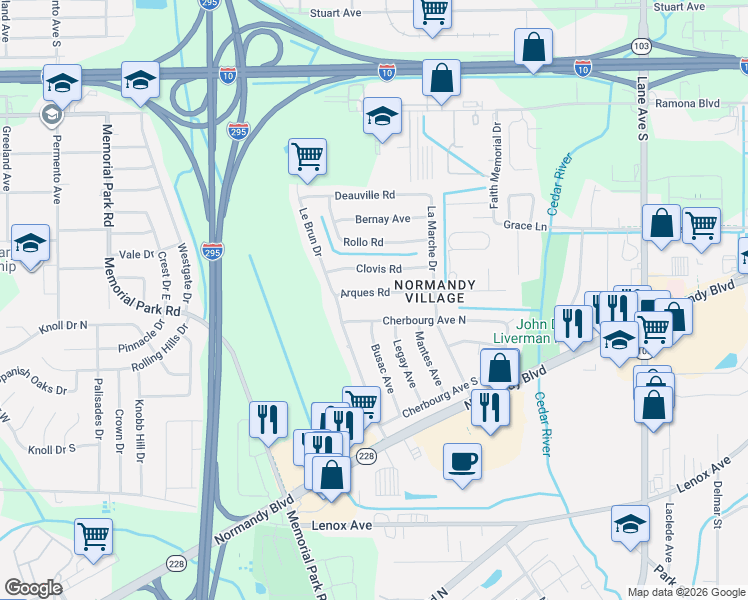 map of restaurants, bars, coffee shops, grocery stores, and more near 7017 Arques Road in Jacksonville