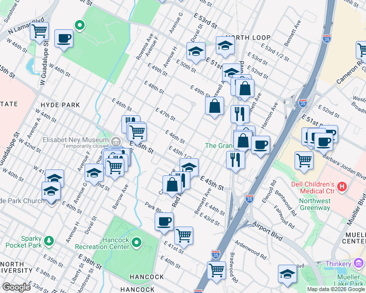 map of restaurants, bars, coffee shops, grocery stores, and more near 704 East 46th Street in Austin