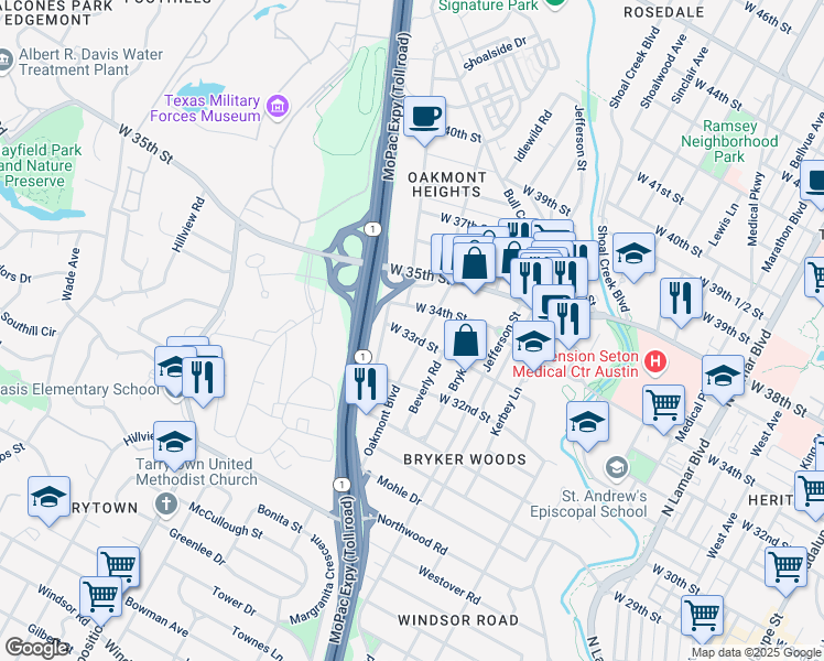 map of restaurants, bars, coffee shops, grocery stores, and more near 1911 West 34th Street in Austin