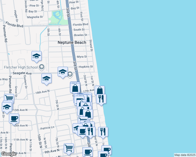 map of restaurants, bars, coffee shops, grocery stores, and more near 1901 1st Street North in Jacksonville Beach