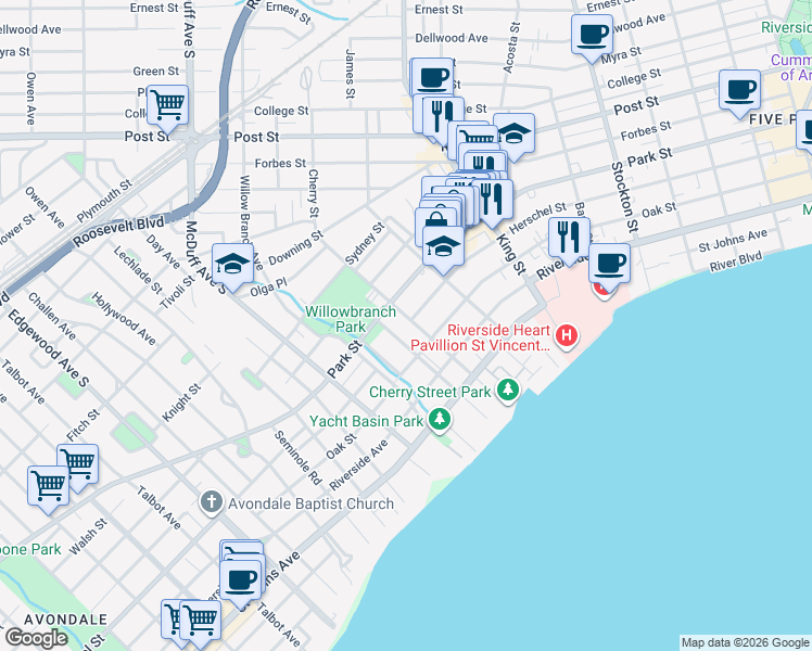 map of restaurants, bars, coffee shops, grocery stores, and more near in Jacksonville
