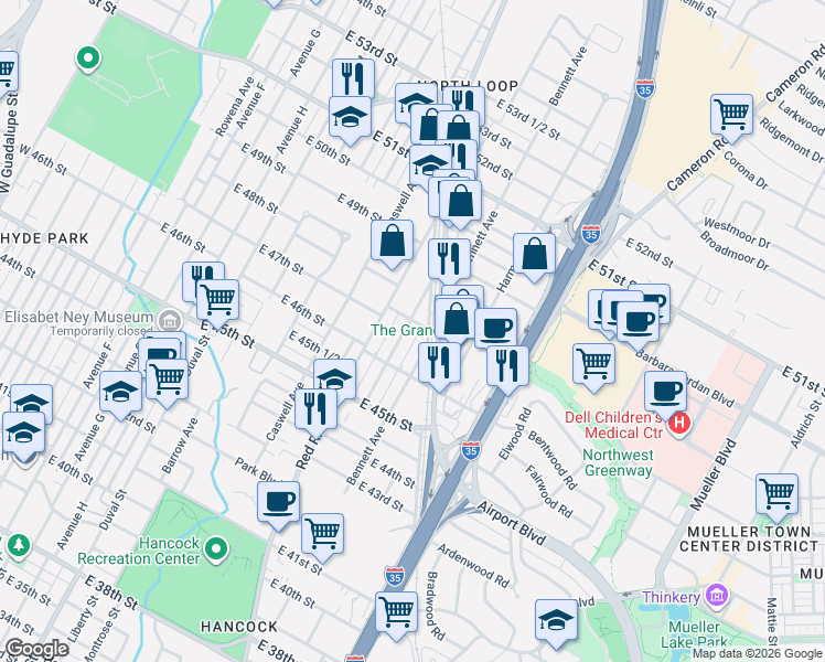 map of restaurants, bars, coffee shops, grocery stores, and more near 4615 Depew Avenue in Austin