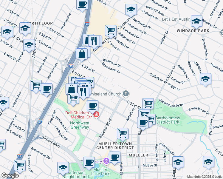 map of restaurants, bars, coffee shops, grocery stores, and more near 1320 East 51st Street in Austin