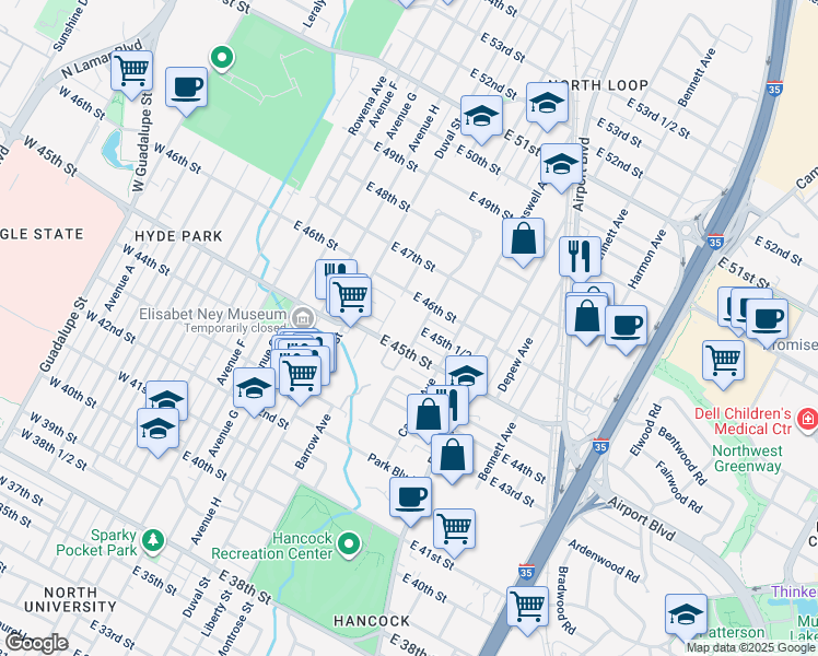 map of restaurants, bars, coffee shops, grocery stores, and more near 610 East 45th Street in Austin