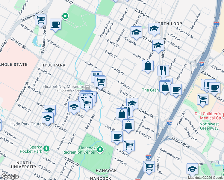 map of restaurants, bars, coffee shops, grocery stores, and more near 610 East 45th Street in Austin