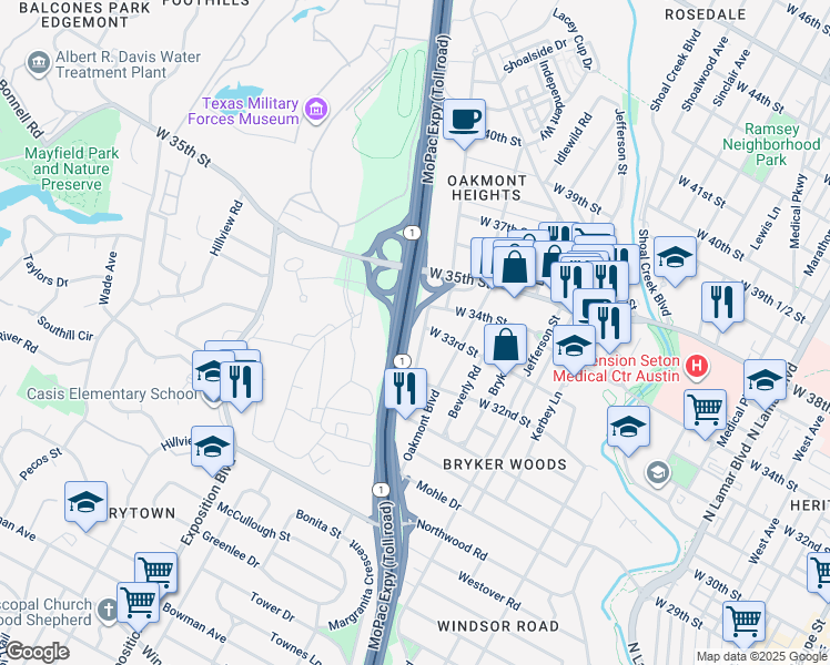 map of restaurants, bars, coffee shops, grocery stores, and more near 3218 Funston Street in Austin