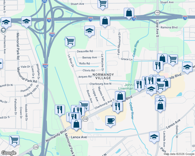 map of restaurants, bars, coffee shops, grocery stores, and more near 6935 Arques Road in Jacksonville