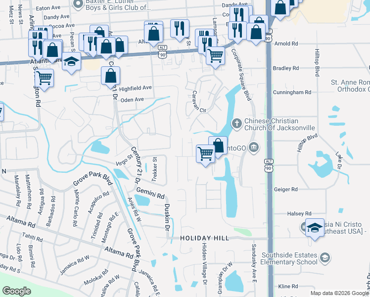 map of restaurants, bars, coffee shops, grocery stores, and more near in Jacksonville