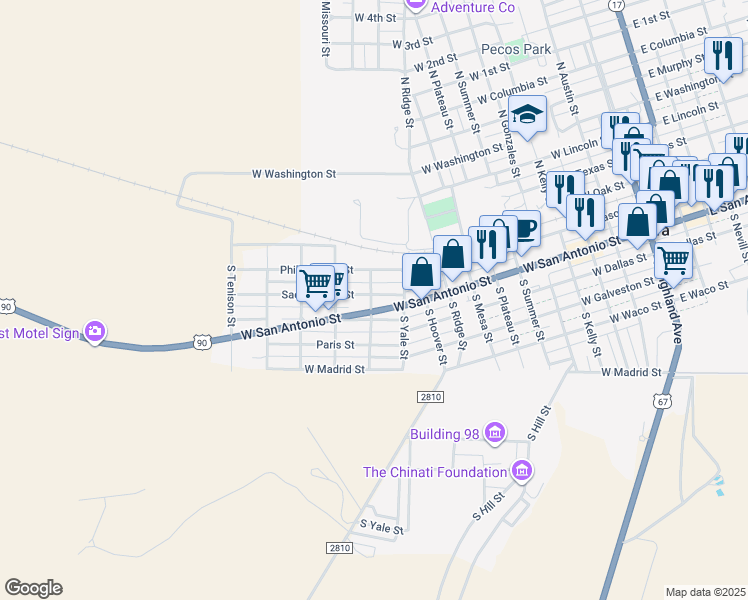 map of restaurants, bars, coffee shops, grocery stores, and more near South Alysford Street in Marfa