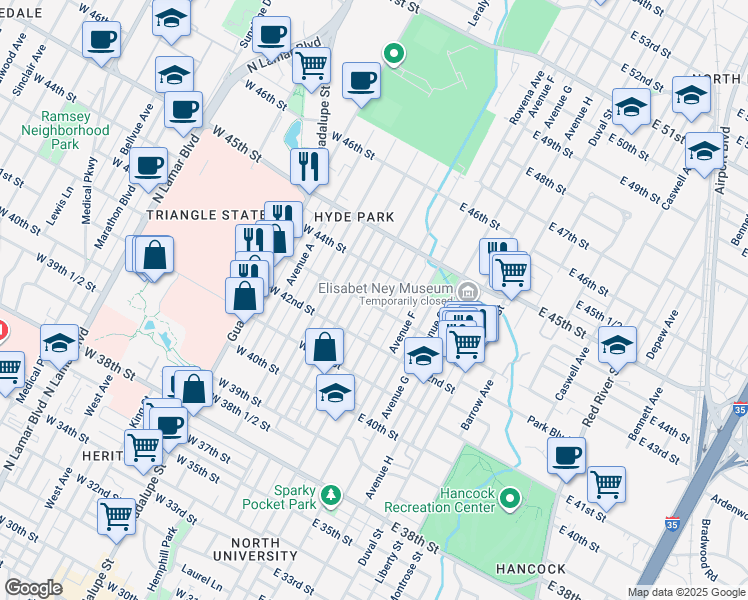map of restaurants, bars, coffee shops, grocery stores, and more near 4303 Avenue C in Austin