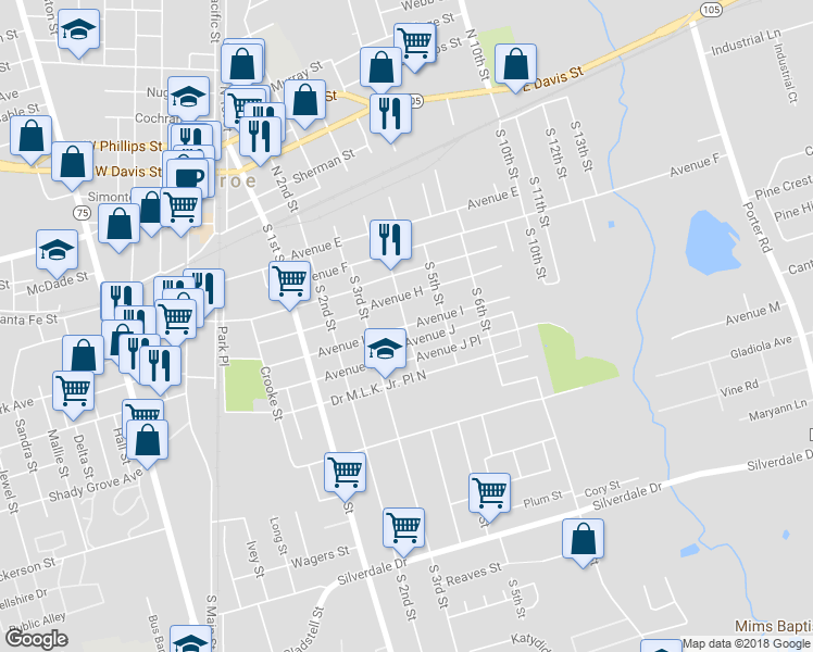 map of restaurants, bars, coffee shops, grocery stores, and more near 601 South 4th Street in Conroe
