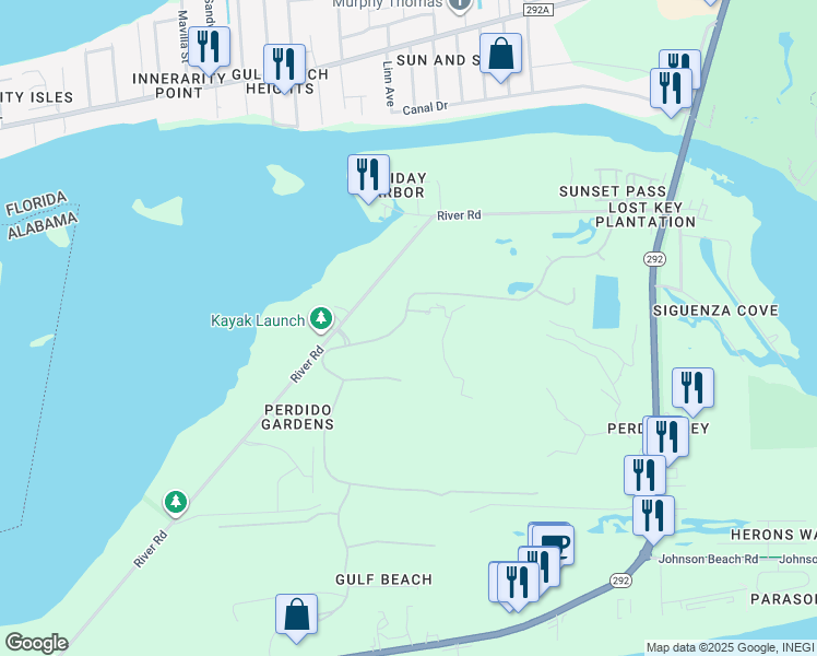 map of restaurants, bars, coffee shops, grocery stores, and more near 645 Lost Key Drive in Pensacola