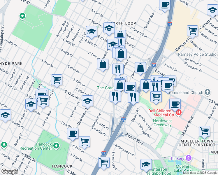 map of restaurants, bars, coffee shops, grocery stores, and more near 4709 Depew Avenue in Austin