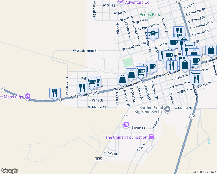 map of restaurants, bars, coffee shops, grocery stores, and more near South Alysford Street in Marfa