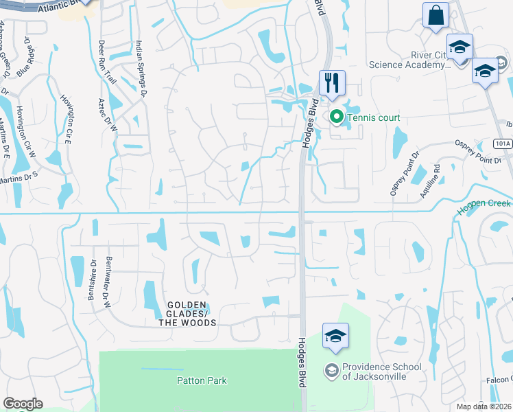 map of restaurants, bars, coffee shops, grocery stores, and more near 2451 Fallen Tree Drive West in Jacksonville