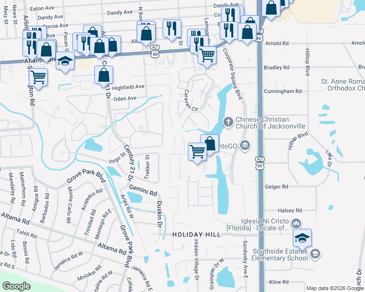 map of restaurants, bars, coffee shops, grocery stores, and more near in Jacksonville