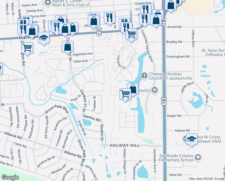 map of restaurants, bars, coffee shops, grocery stores, and more near in Jacksonville