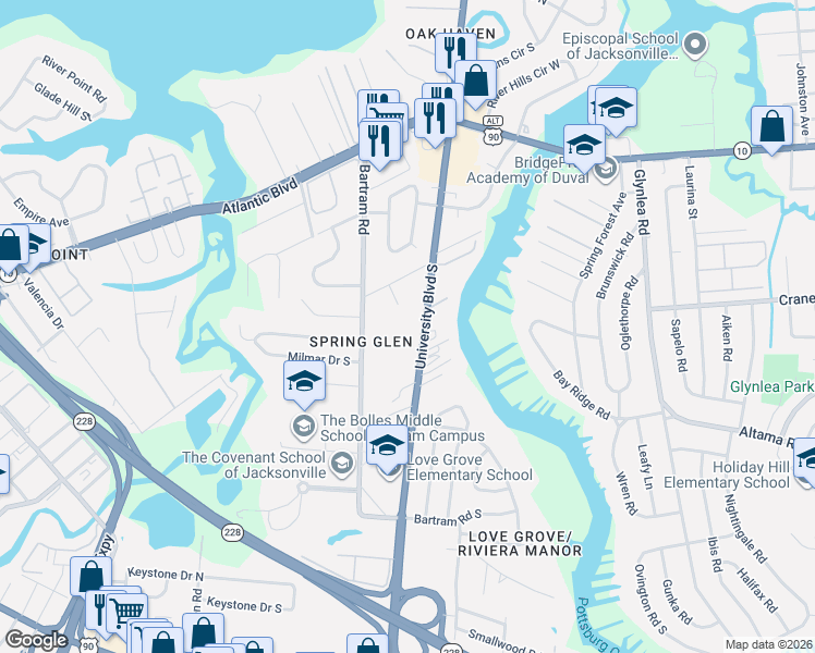 map of restaurants, bars, coffee shops, grocery stores, and more near 1924 Saint Cecilia Place in Jacksonville