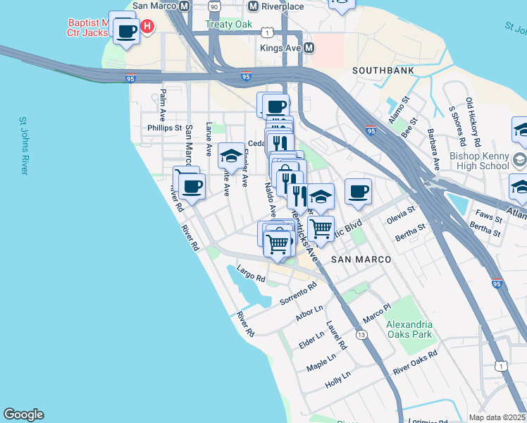 map of restaurants, bars, coffee shops, grocery stores, and more near 1715 Naldo Avenue in Jacksonville