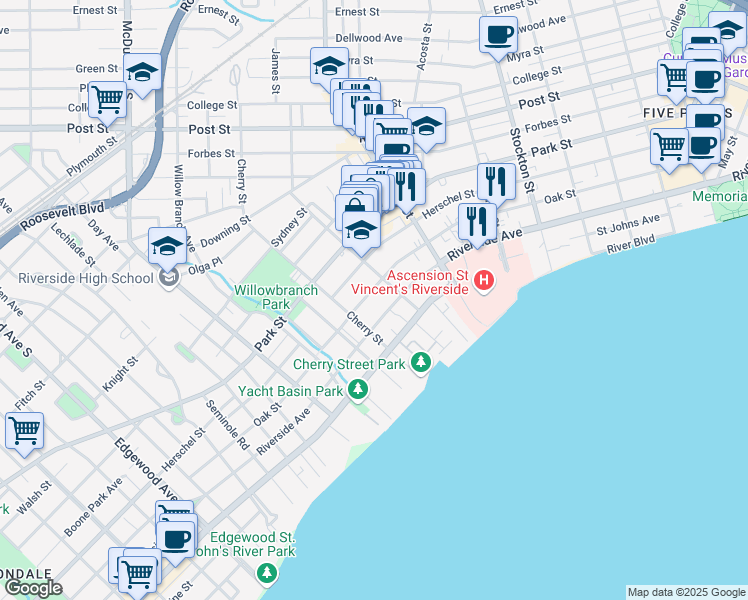 map of restaurants, bars, coffee shops, grocery stores, and more near 2782 Oak Street in Jacksonville