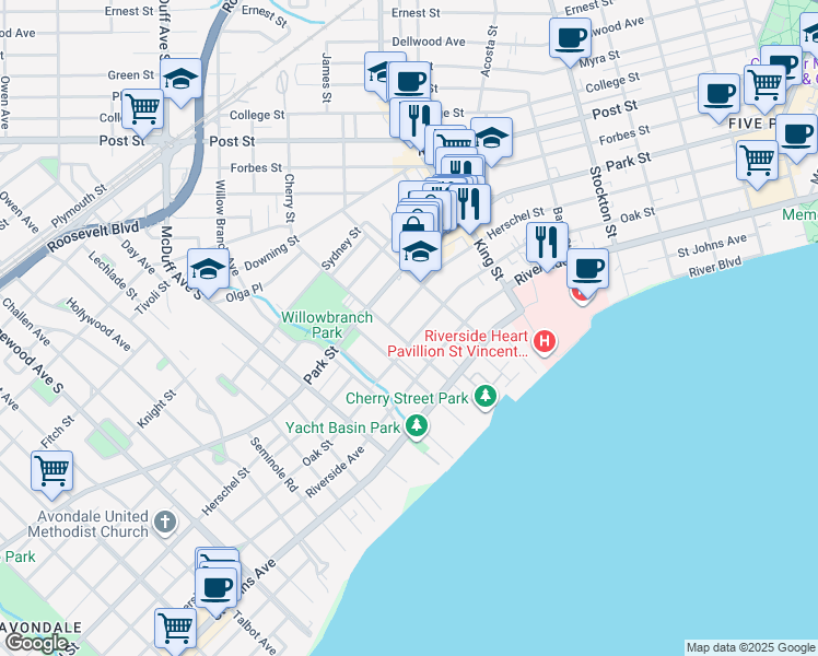 map of restaurants, bars, coffee shops, grocery stores, and more near 2820 Herschel Street in Jacksonville