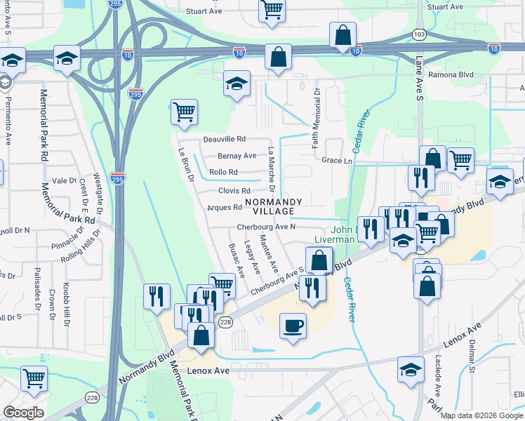 map of restaurants, bars, coffee shops, grocery stores, and more near 6935 Arques Road in Jacksonville