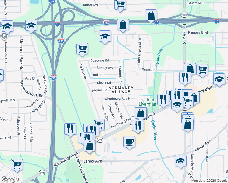 map of restaurants, bars, coffee shops, grocery stores, and more near 6935 Arques Road in Jacksonville