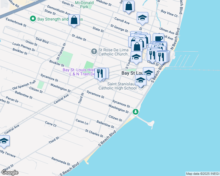 map of restaurants, bars, coffee shops, grocery stores, and more near 218 Bookter Street in Bay Saint Louis