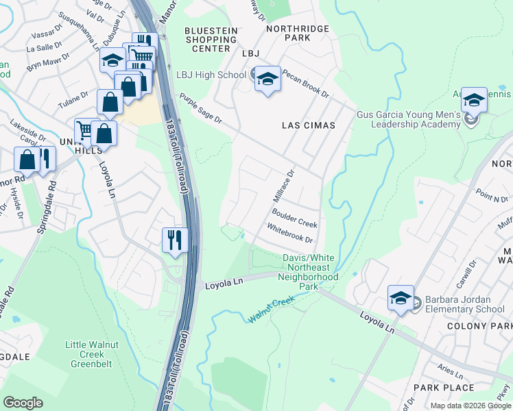 map of restaurants, bars, coffee shops, grocery stores, and more near 6908 Millrace Drive in Austin
