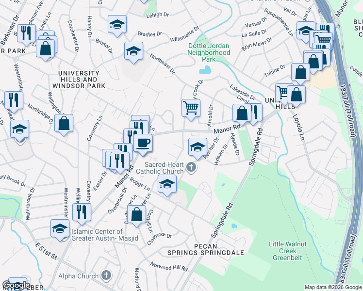 map of restaurants, bars, coffee shops, grocery stores, and more near 6107 Manor Road in Austin