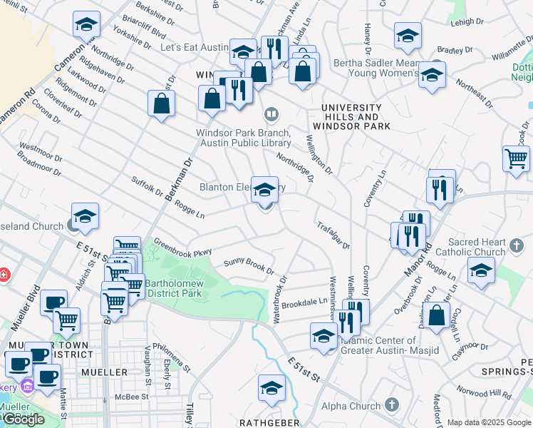 map of restaurants, bars, coffee shops, grocery stores, and more near 5408 Westminster Drive in Austin