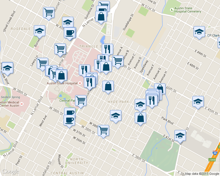 map of restaurants, bars, coffee shops, grocery stores, and more near 311 West 43rd Street in Austin