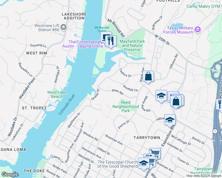 map of restaurants, bars, coffee shops, grocery stores, and more near 3503 Scenic Hills Drive in Austin