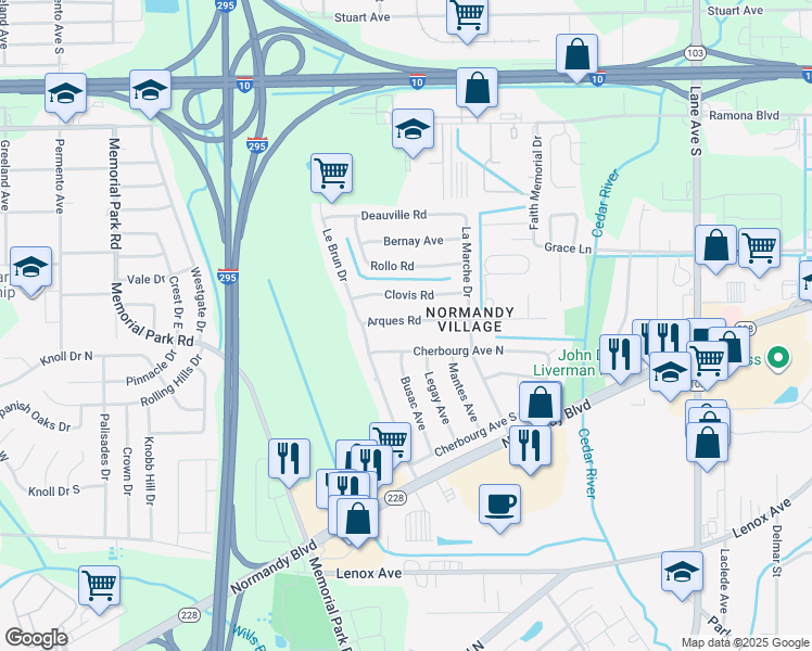 map of restaurants, bars, coffee shops, grocery stores, and more near 7010 Arques Road in Jacksonville
