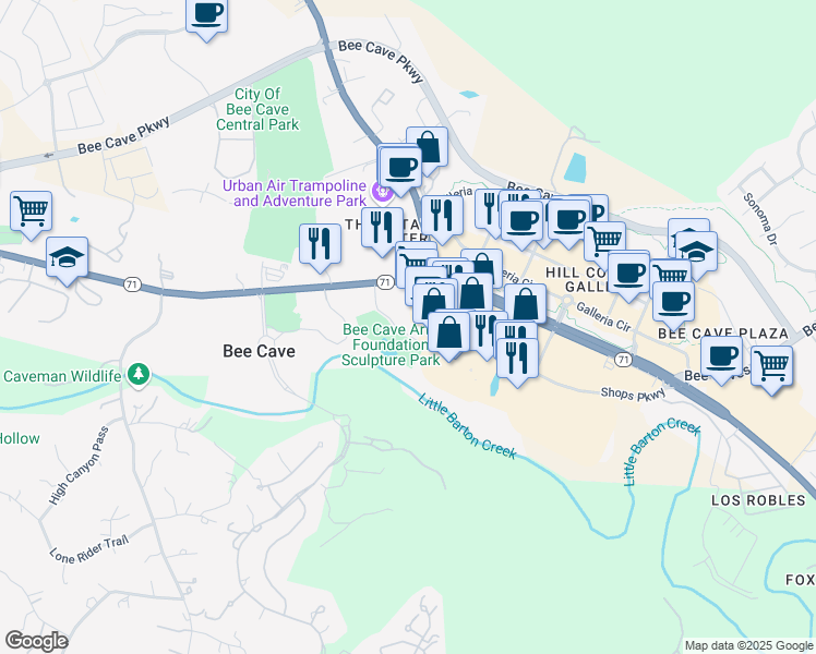 map of restaurants, bars, coffee shops, grocery stores, and more near 13333 Highway 71 in Bee Cave
