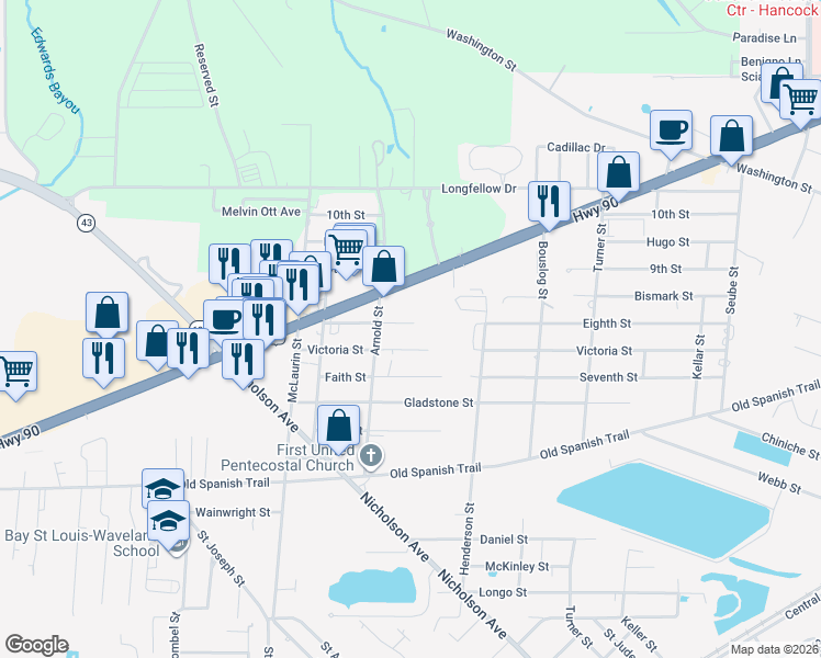 map of restaurants, bars, coffee shops, grocery stores, and more near 733 Elaine St in Waveland
