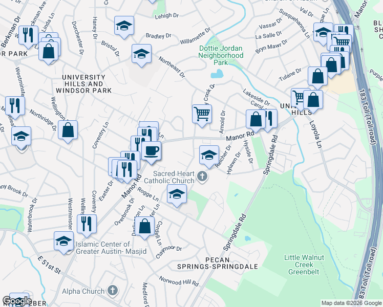 map of restaurants, bars, coffee shops, grocery stores, and more near 6107 Manor Road in Austin