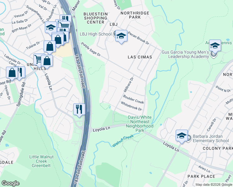 map of restaurants, bars, coffee shops, grocery stores, and more near 6908 Millrace Drive in Austin
