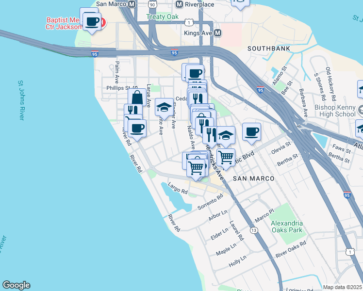 map of restaurants, bars, coffee shops, grocery stores, and more near 1705 Flagler Avenue in Jacksonville