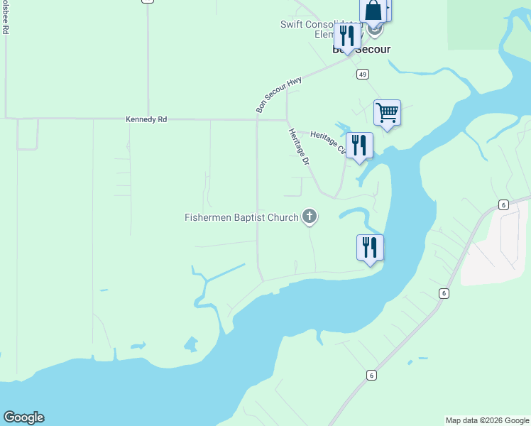 map of restaurants, bars, coffee shops, grocery stores, and more near 5718 Bon Secour Highway in Bon Secour