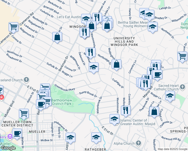 map of restaurants, bars, coffee shops, grocery stores, and more near 5408 Westminster Drive in Austin