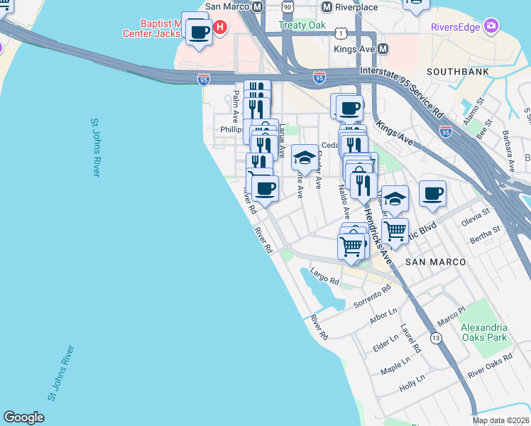 map of restaurants, bars, coffee shops, grocery stores, and more near 1704 San Marco Blvd in Jacksonville