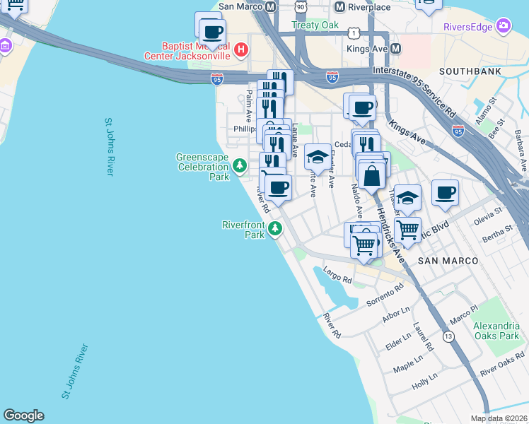 map of restaurants, bars, coffee shops, grocery stores, and more near 1690 River Road in Jacksonville